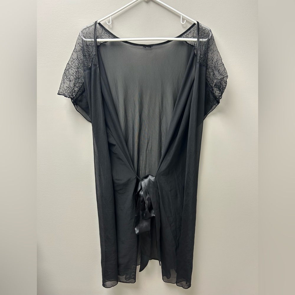 Sheer‎ Black Lace Kimono Robe with Satin Tie Front